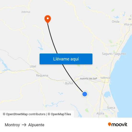 Montroy to Alpuente map