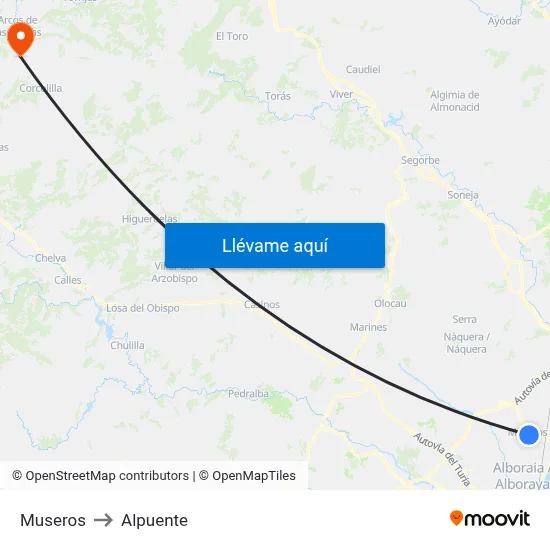 Museros to Alpuente map
