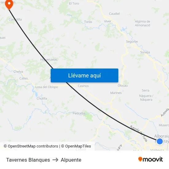 Tavernes Blanques to Alpuente map