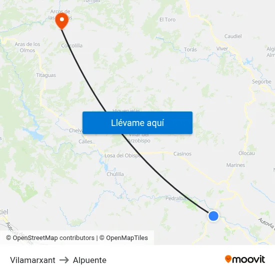 Vilamarxant to Alpuente map
