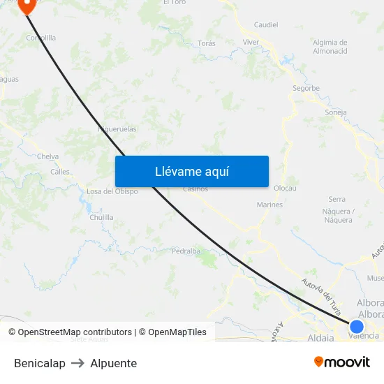 Benicalap to Alpuente map