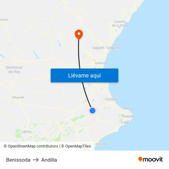 Benissoda to Andilla map