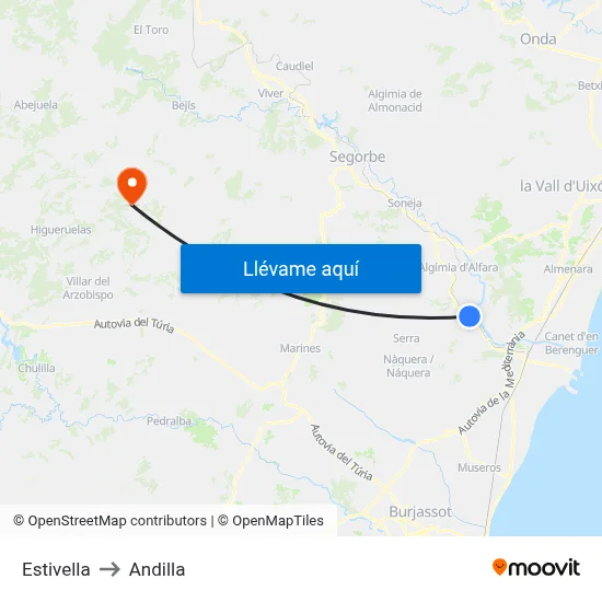 Estivella to Andilla map
