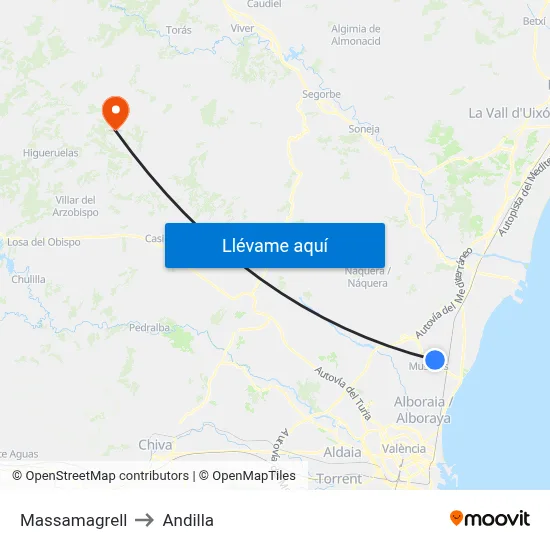 Massamagrell to Andilla map