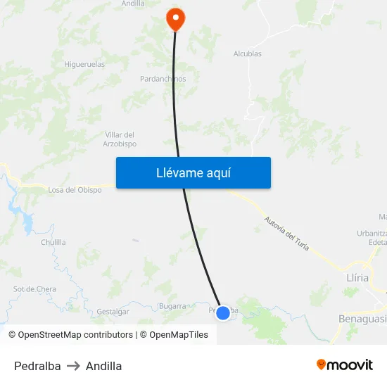 Pedralba to Andilla map