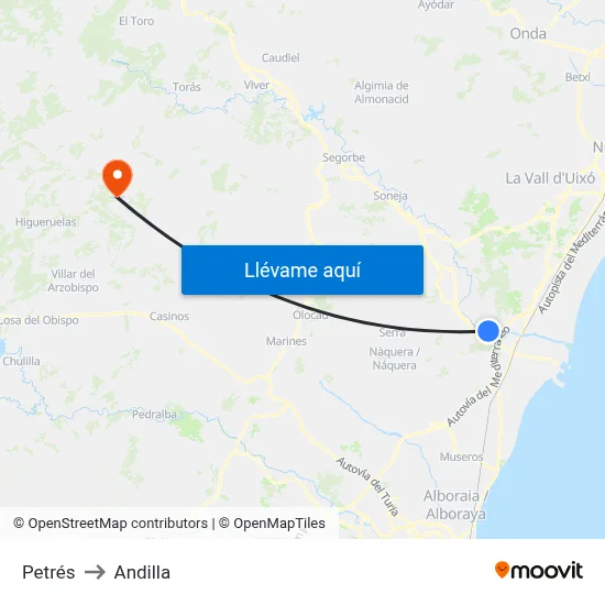 Petrés to Andilla map