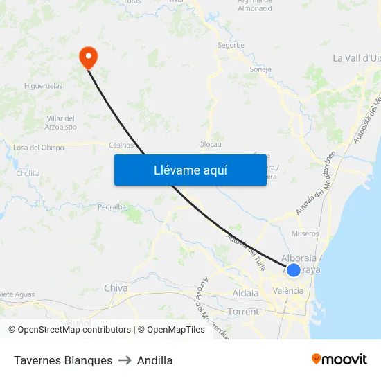 Tavernes Blanques to Andilla map