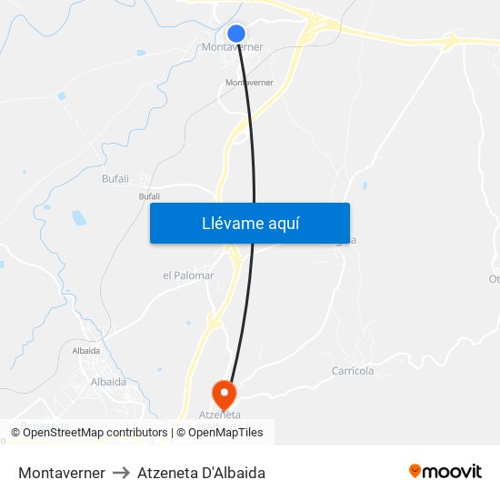 Montaverner to Atzeneta D'Albaida map