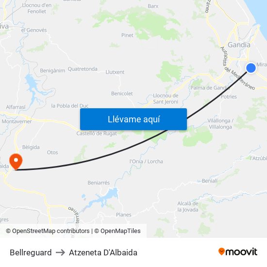 Bellreguard to Atzeneta D'Albaida map