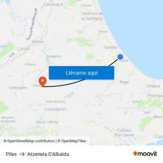 Piles to Atzeneta D'Albaida map