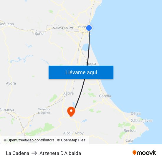 La Cadena to Atzeneta D'Albaida map