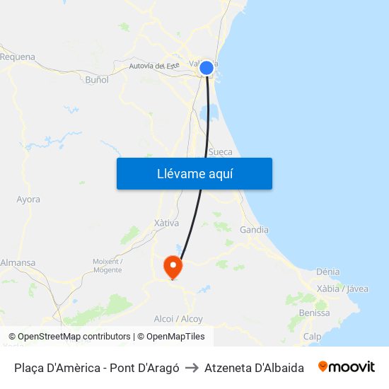 Plaça Amèrica to Atzeneta D'Albaida map