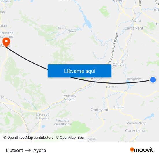 Llutxent to Ayora map