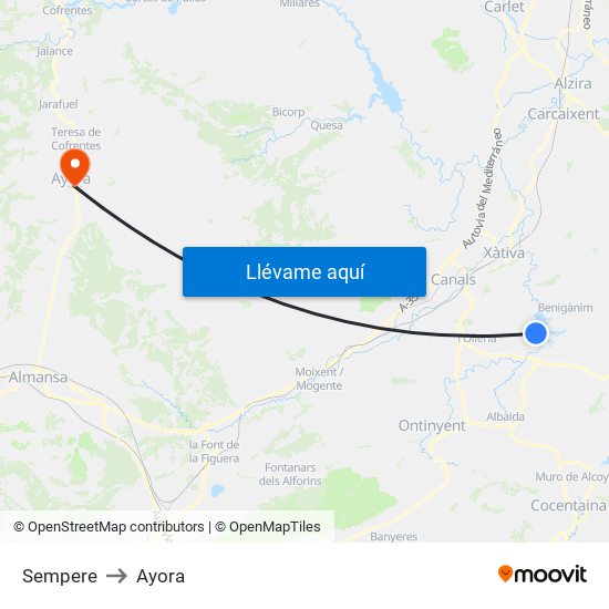 Sempere to Ayora map