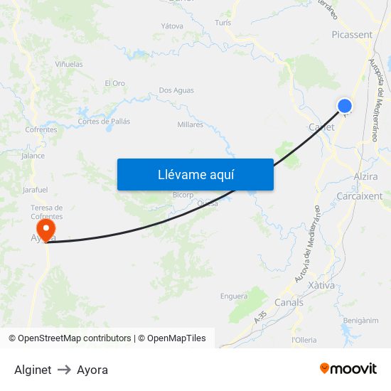 Alginet to Ayora map