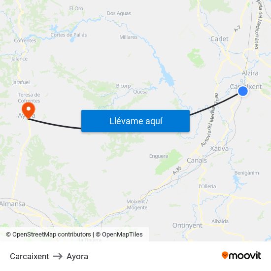 Carcaixent to Ayora map