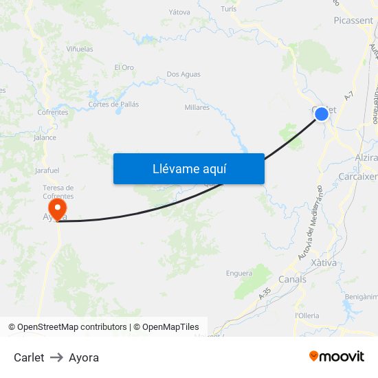 Carlet to Ayora map