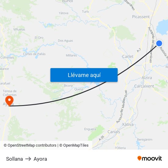 Sollana to Ayora map