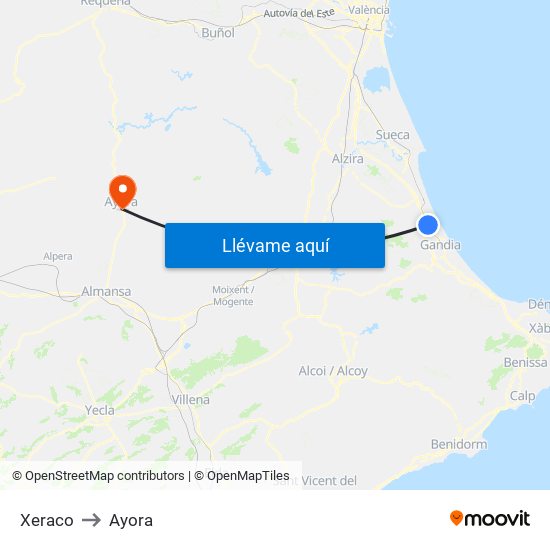 Xeraco to Ayora map
