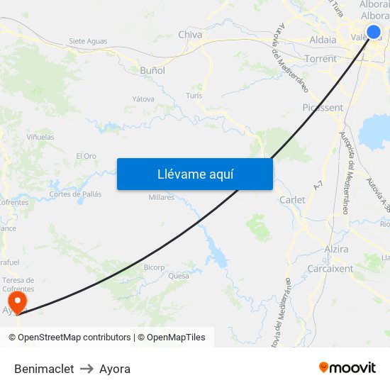 Benimaclet to Ayora map
