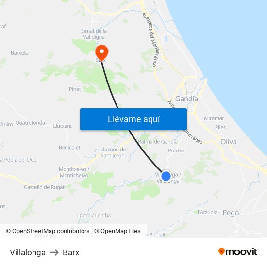 Villalonga to Barx map