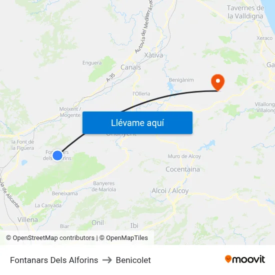 Fontanars Dels Alforins to Benicolet map