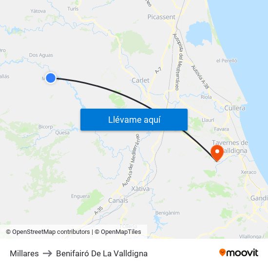 Millares to Benifairó De La Valldigna map
