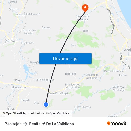 Beniatjar to Benifairó De La Valldigna map
