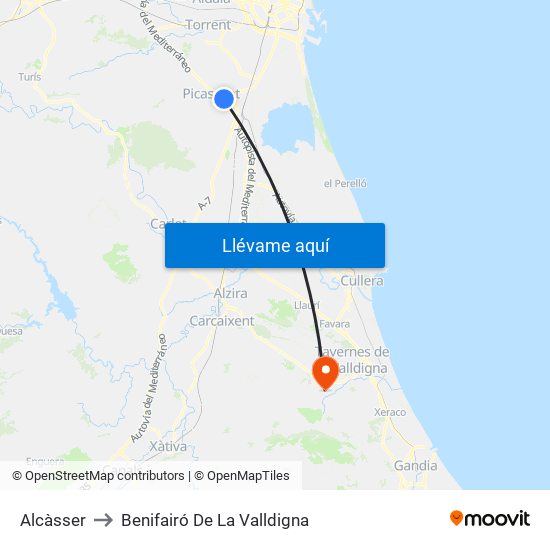 Alcàsser to Benifairó De La Valldigna map