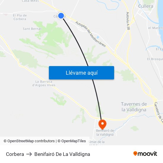Corbera to Benifairó De La Valldigna map