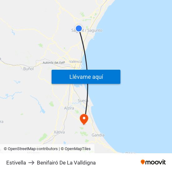 Estivella to Benifairó De La Valldigna map