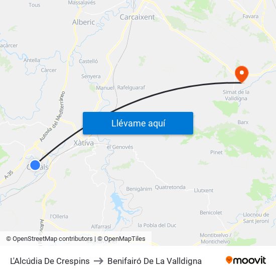 L'Alcúdia De Crespins to Benifairó De La Valldigna map