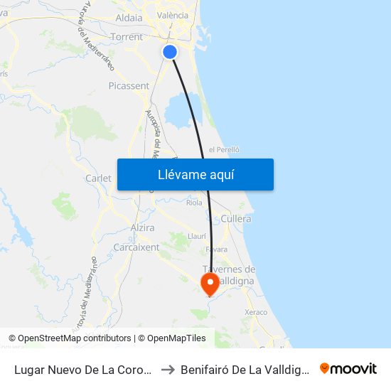 Lugar Nuevo De La Corona to Benifairó De La Valldigna map