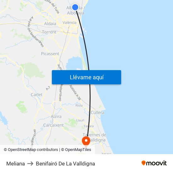 Meliana to Benifairó De La Valldigna map