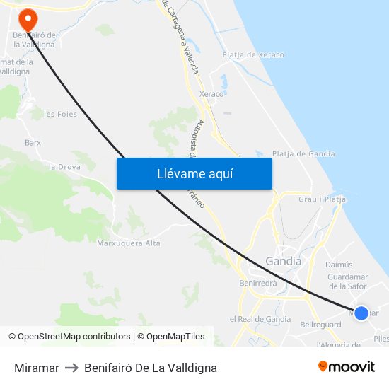 Miramar to Benifairó De La Valldigna map