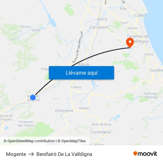 Mogente to Benifairó De La Valldigna map