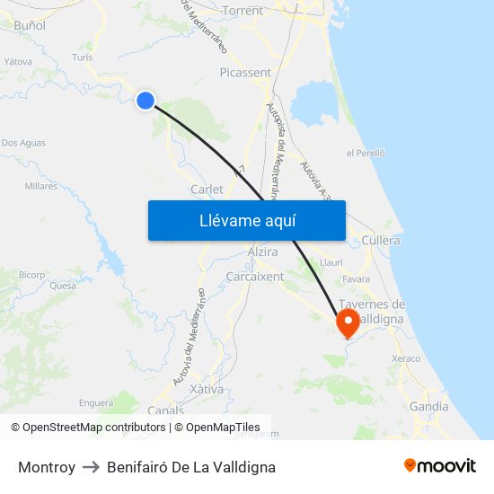 Montroy to Benifairó De La Valldigna map