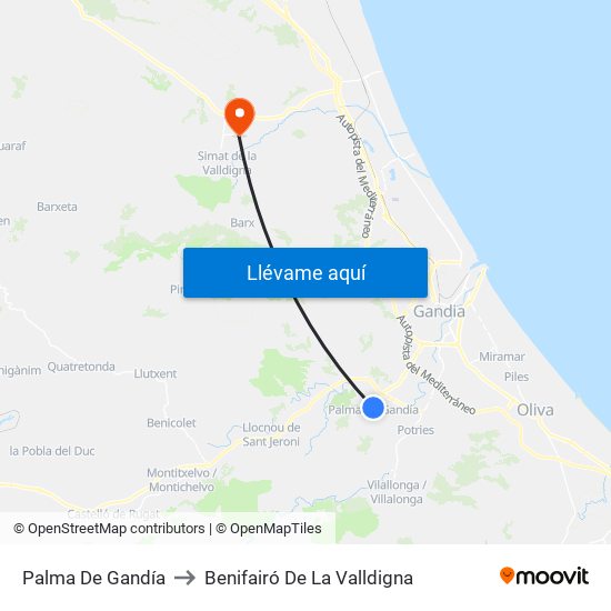 Palma De Gandía to Benifairó De La Valldigna map