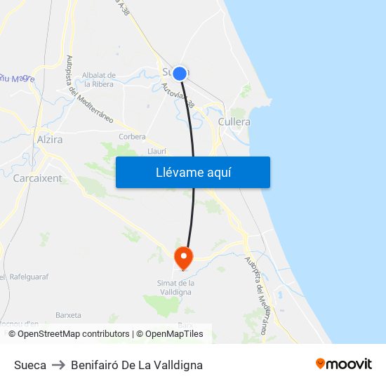 Sueca to Benifairó De La Valldigna map