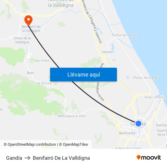 Gandía to Benifairó De La Valldigna map