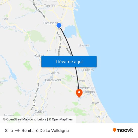 Silla to Benifairó De La Valldigna map