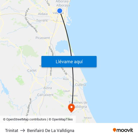 Trinitat to Benifairó De La Valldigna map
