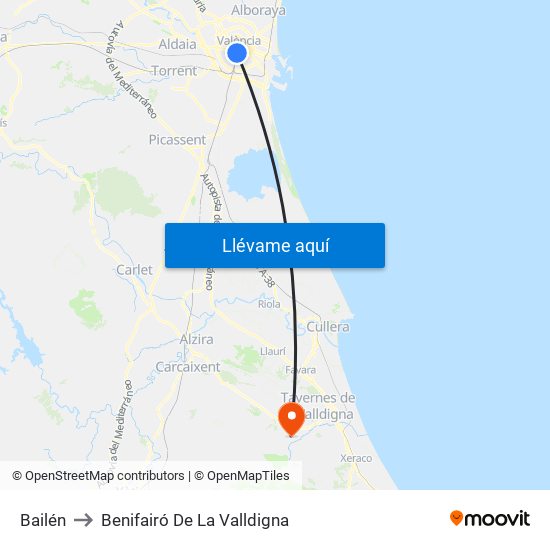 Bailén to Benifairó De La Valldigna map
