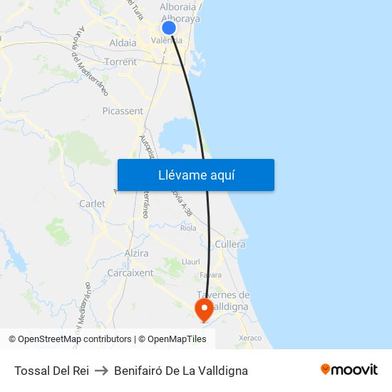 Tossal Del Rei to Benifairó De La Valldigna map