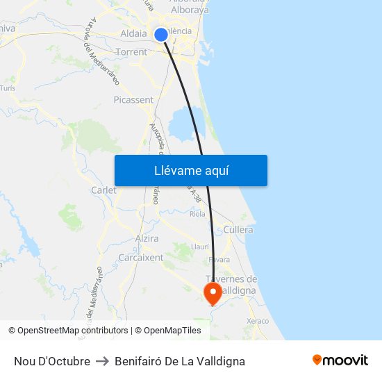 Nou D'Octubre to Benifairó De La Valldigna map