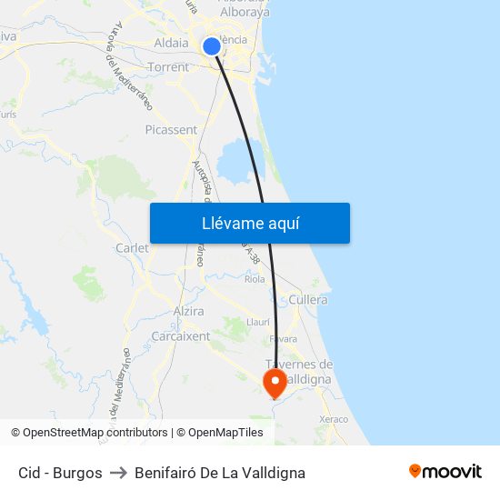 Cid - Burgos to Benifairó De La Valldigna map