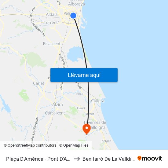 Plaça Amèrica to Benifairó De La Valldigna map