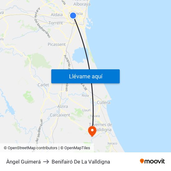 Àngel Guimerá to Benifairó De La Valldigna map