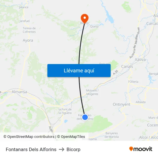 Fontanars Dels Alforins to Bicorp map