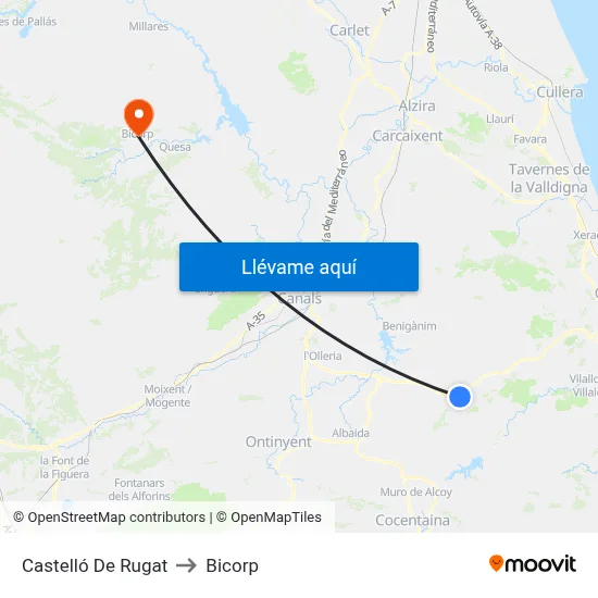 Castelló De Rugat to Bicorp map